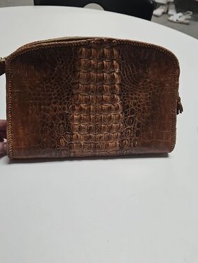VINTAGE Brown Crocodile-Embossed Zip Clutch